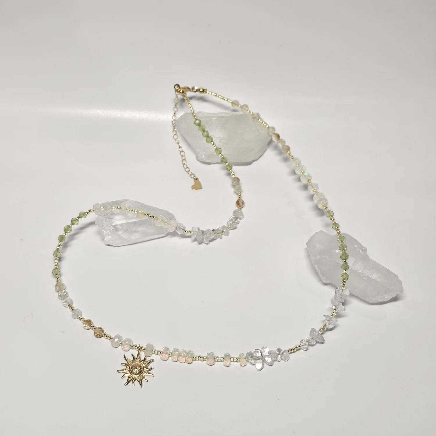 Naszyjnik "GOLDEN OPAL" (opal etiopski, cytryn, kryształ górski, granat zielony)