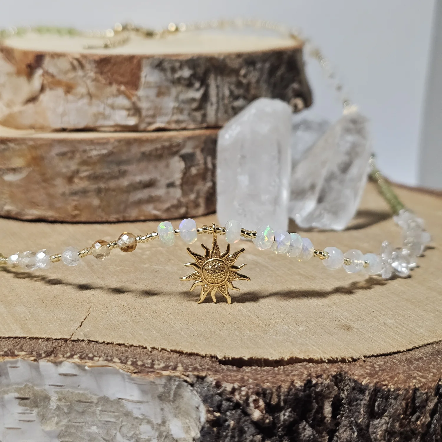 Naszyjnik "GOLDEN OPAL" (opal etiopski, cytryn, kryształ górski, granat zielony)