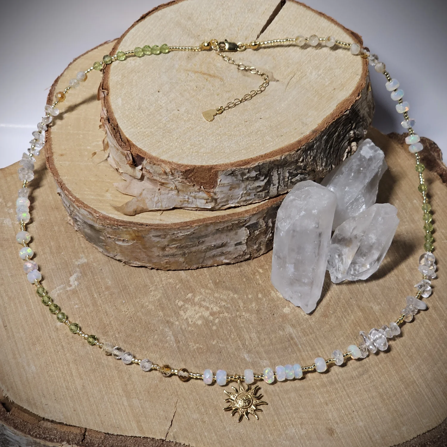 Naszyjnik "GOLDEN OPAL" (opal etiopski, cytryn, kryształ górski, granat zielony)
